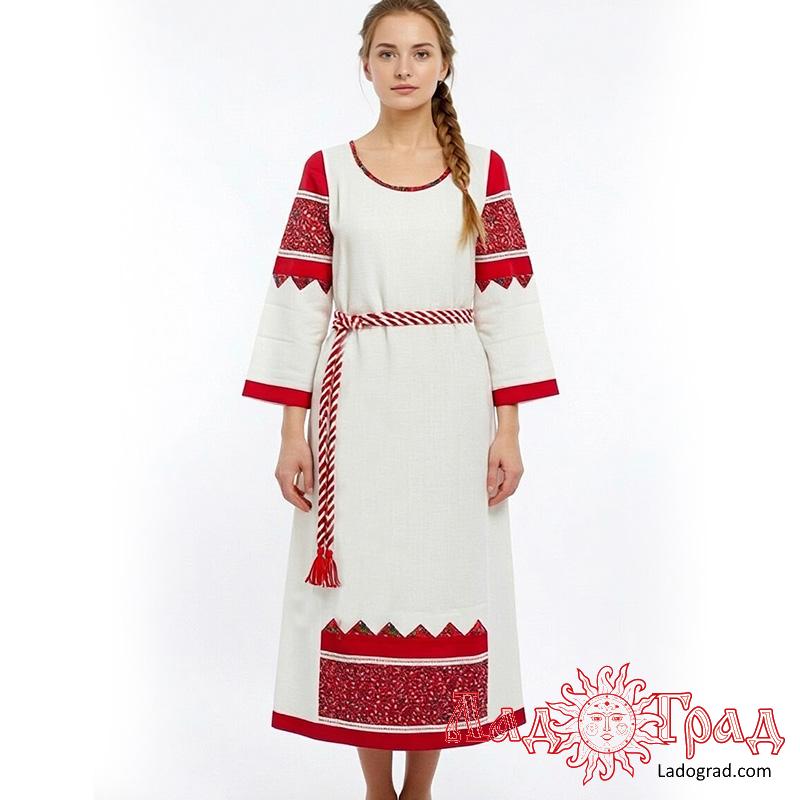 Платье молочное с красными поликами и поясом, х/б, рр 52-58