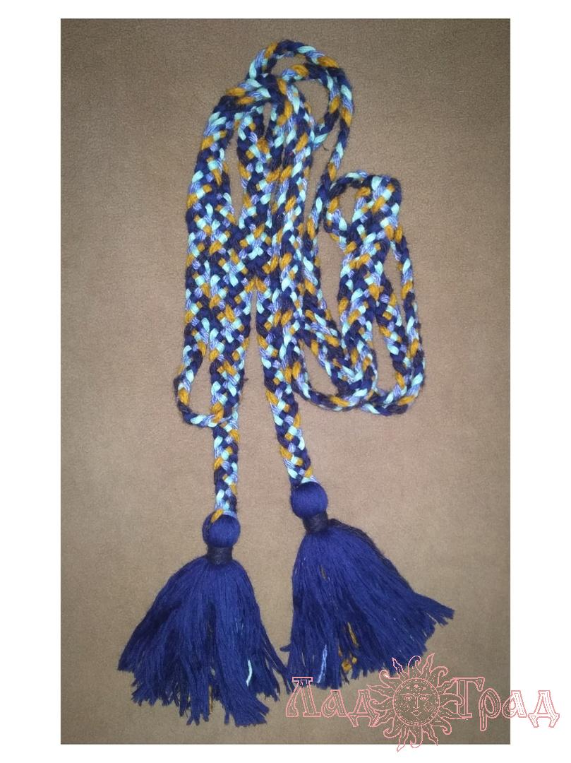 Пояс плетённый сине-голубой с кистями