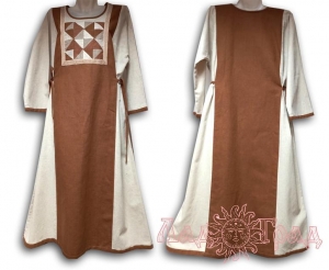 Платье с отделкой Лоскут, серое с коричневым, 48-50 р-р