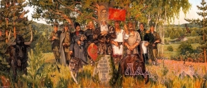 Картина Богатырская застава (шёлк, 107х43см) Кулешов М.