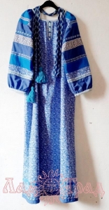 Платье традиционное синее в огурчик с поясом, рр 48-52