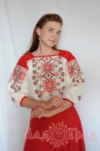Блузка с вышивкой Алатырь, белая с красным, р-р 46-50