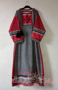 Платье Макошь с поясом, серое с красн., р-р 50-54