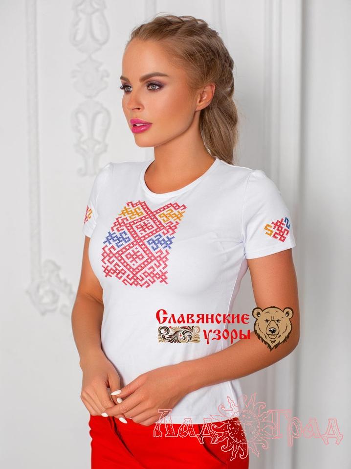 Футболка славянская белая, короткий рукав, с цветной вышивкой рр.46