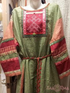 Платье оливково-оранжевое с тесьмой и плетеным поясом Макошь, лён, 48-52