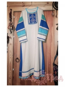 Платье натурального цвета с голубым, обережная вышивка, с поясом, хлопколен, р. 48-52