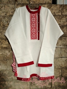 Рубаха мужская Крест бел.-красн, с вышивкой и поясом, лён, р-р 46-48