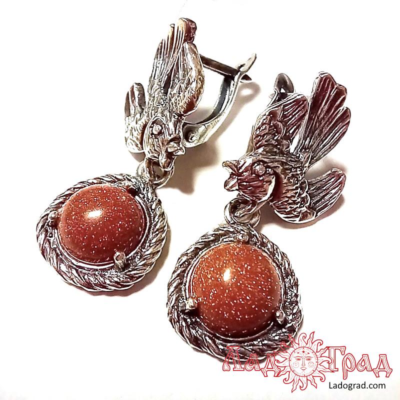 Серьги с птичками, авантюрин (имит.)