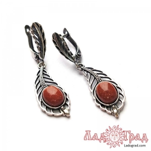 Серьги Перья с авантюрином золотистым  (имит.)