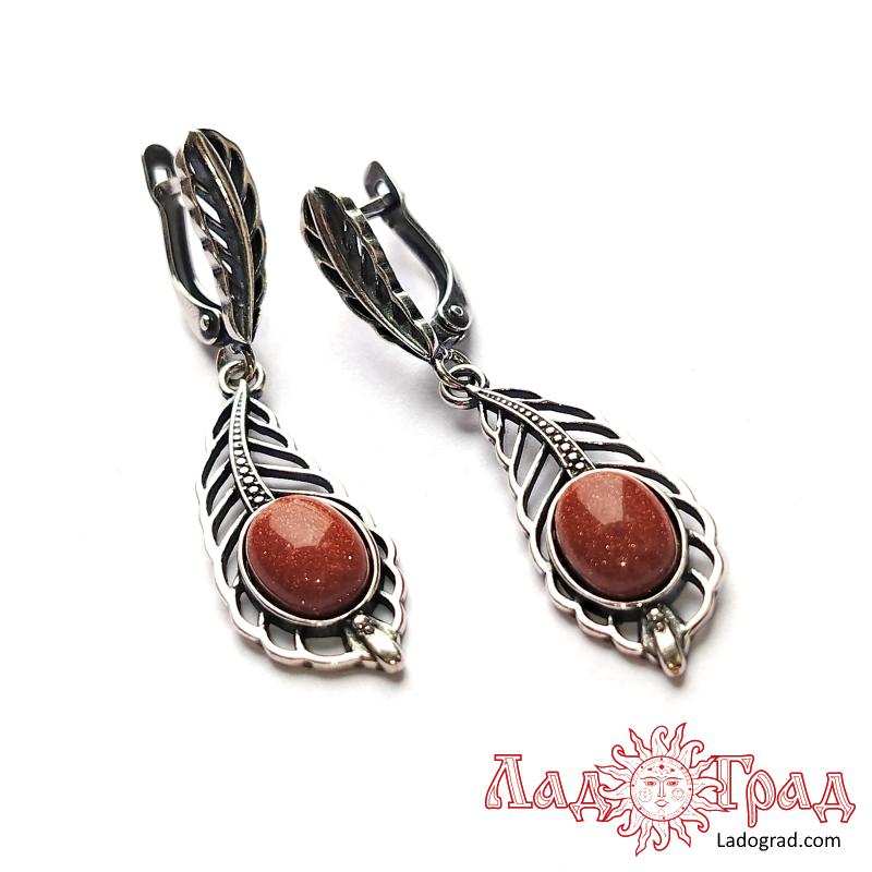 Серьги Перья с авантюрином золотистым  (имит.)
