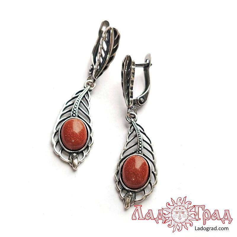 Серьги Перья с авантюрином золотистым  (имит.)