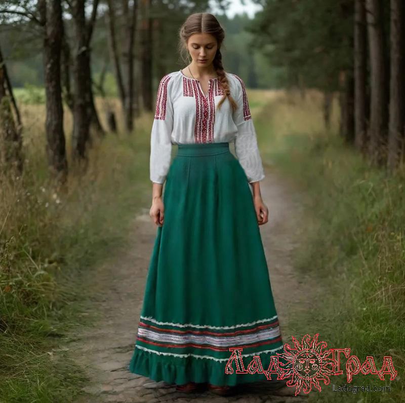 Юбка зеленая славянская, шерсть, ОТ-до 76