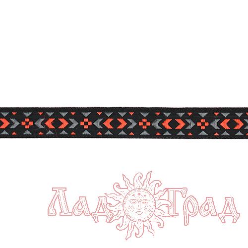 Тесьма жаккардовая чёрная + розовый/серый (12898), 12 мм
